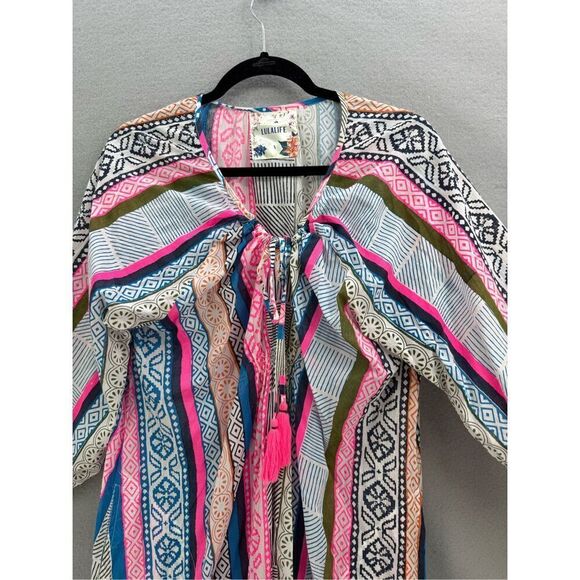 Lulalife Women Multicolor Light Cotton Striped Abstract Shirred Midi Dress Large - Picture 7 of 12